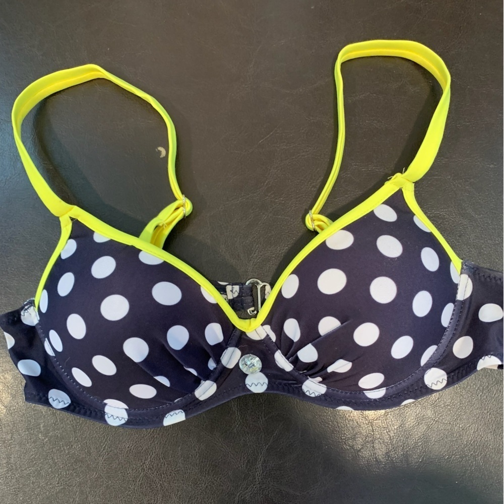 Women’s Navy/Lemon Yellow w/White Polka Dot Push Up Bikini Bra Top; Size S